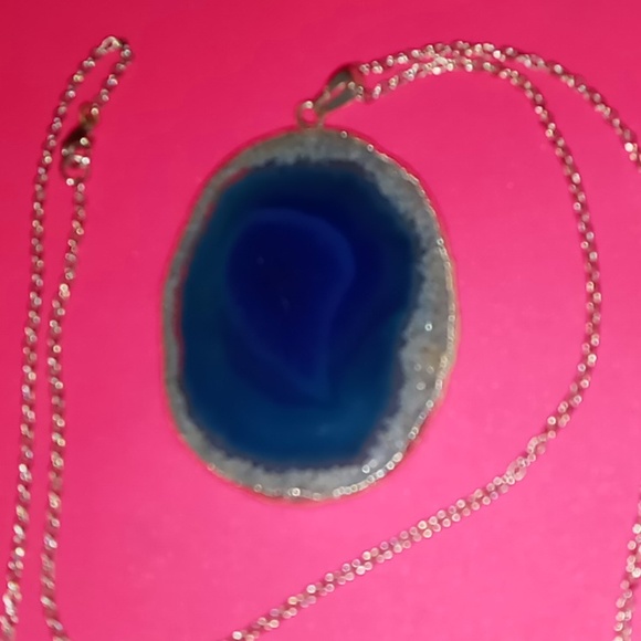 Large Teal blue agate stone necklace 24 inch box chain.silver tone. - Picture 6 of 10